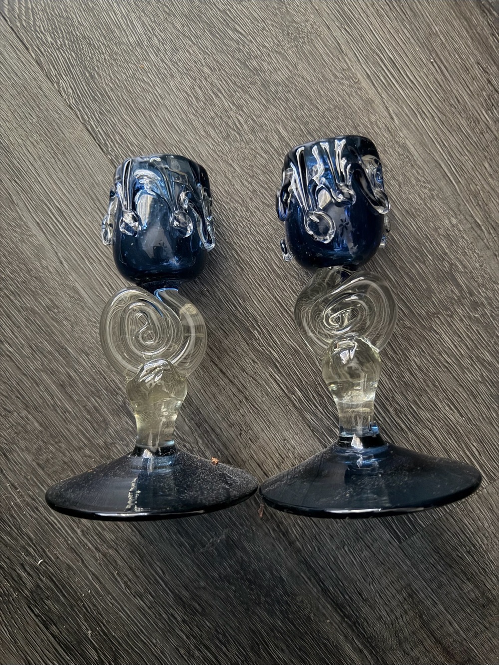 Handblown Blue Glass Candlestick Pair